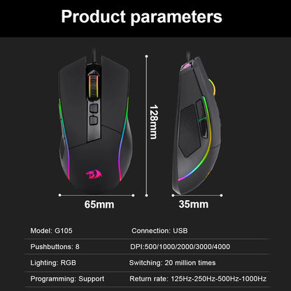 Lonewolf G105 RGB USB Wired Gaming Mouse 8000 DPI 8 Buttons Mice Programmable Ergonomic for Computer Laptop PC Gamer